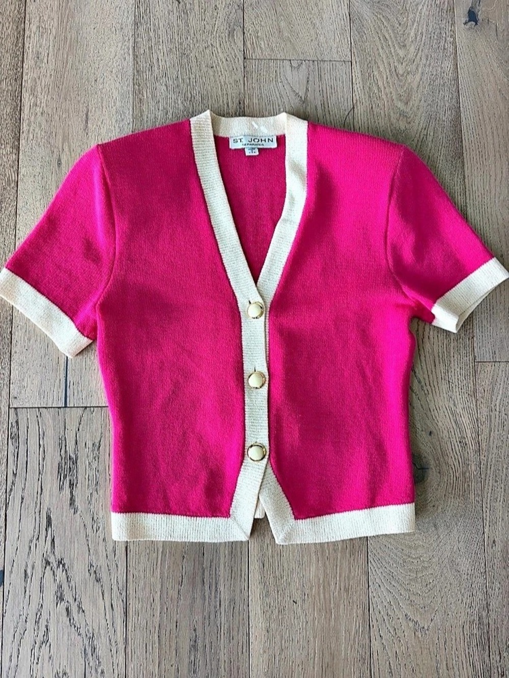 St John Separates Pink White Short Sleeve Knit Cardigan